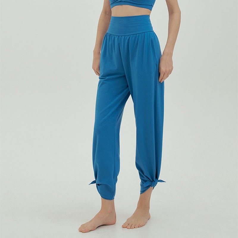 Casual Loose Tie-down Hem Plain High Waist Women's Leica Pants With Pockets
