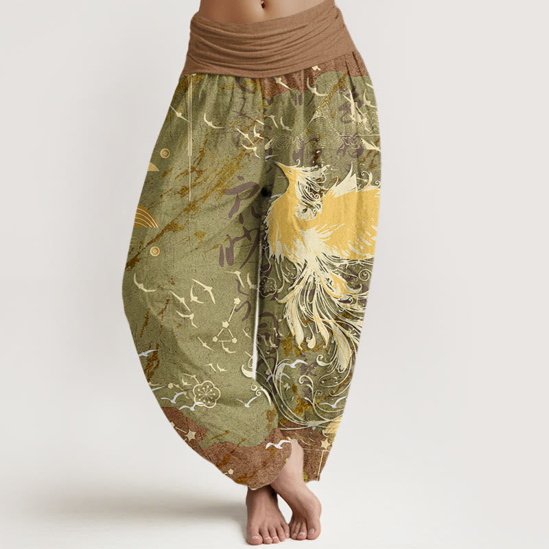 Casual Phoenix Waves Calligraphy Pattern Women's Elastic Waist Harem Pants