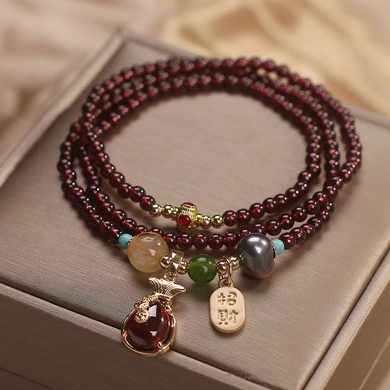 Multi Layered Natural Garnet Jade Coin Money Bag Attracting Wealth Protection Bracelet