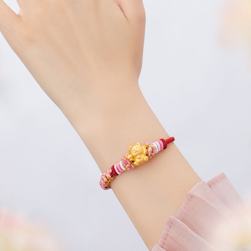 Handmade 999 Sterling Silver Fortune Cat Ingot Peach Blossom Luck?Red Rope Bracelet