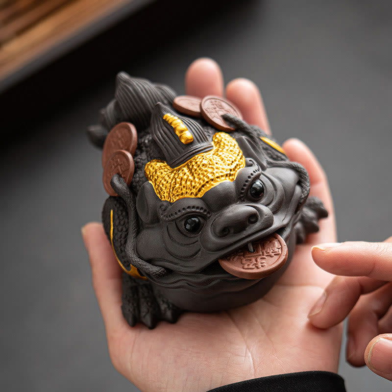 Feng Shui Frog Toad Copper Coins Ceramic Purple Clay Wealth Home Tea Pet Figurine Decoration