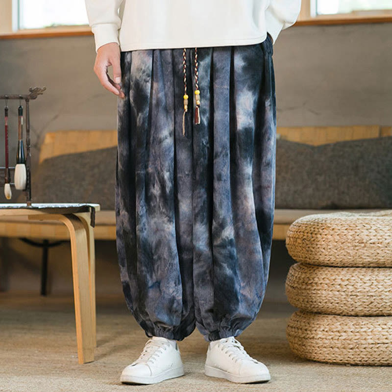 Ink Tie-dye Braided Drawstring Corduroy Cotton Men's Harem Pants With Pockets