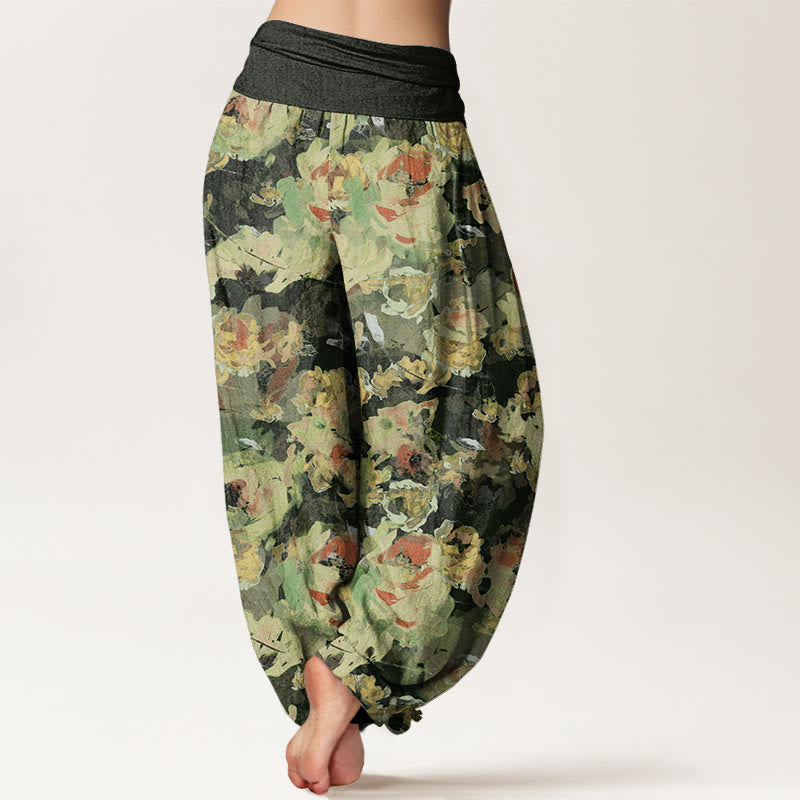 Rose Flowers Pattern Women's Elastic Waist Harem Pants