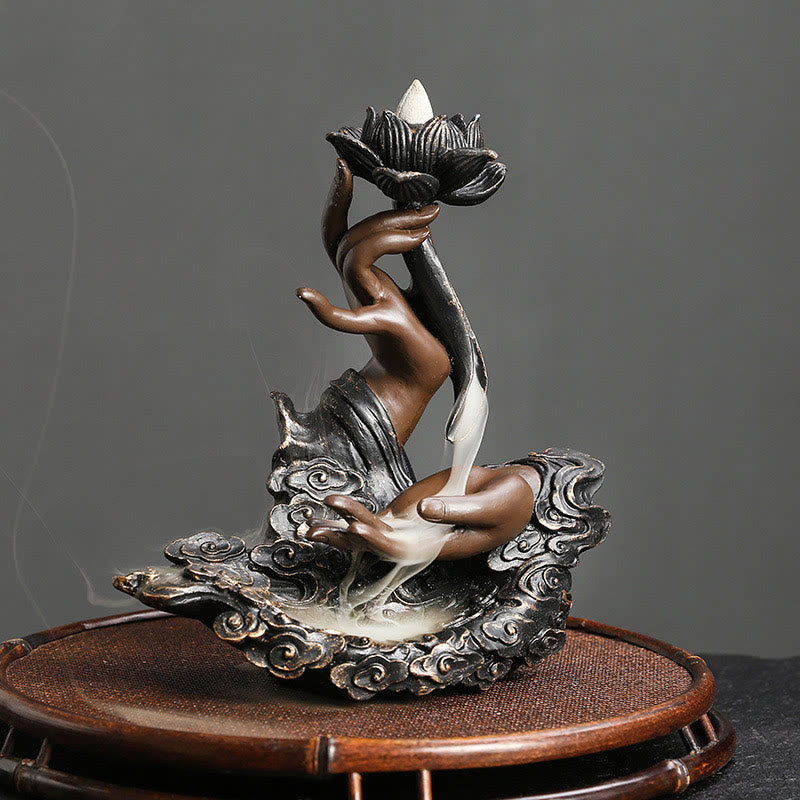 Lotus mystic zen Hand Auspicious Clouds Pattern Meditation Resin Backflow Incense Burner