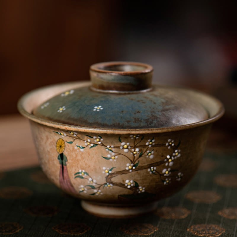 Jingdezhen Hand Painted Ru Kiln Porcelain Hanfu Girl Flower Ceramic Gaiwan Sancai Teacup Kung Fu Tea Cup And Saucer With Lid