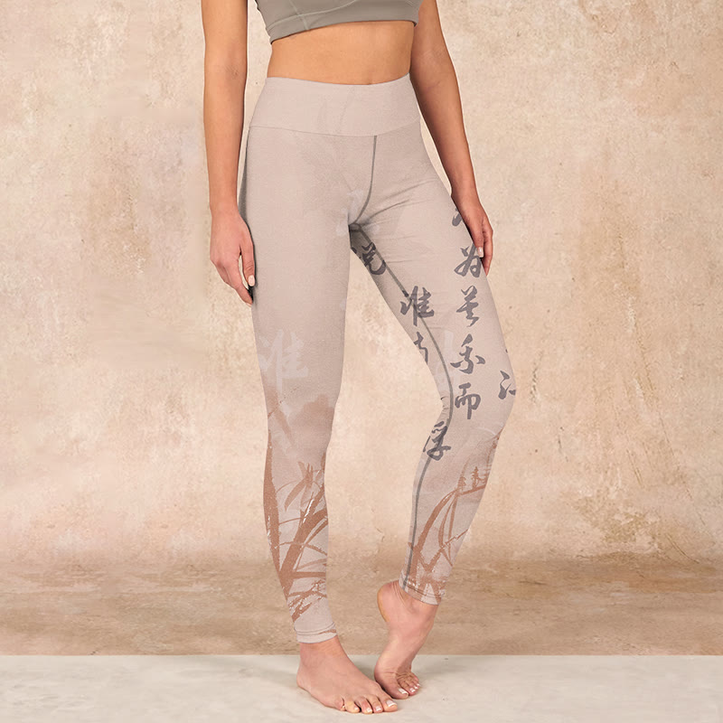 Calligraphy Orchid Print Gym Leggings Women's Yoga Pants