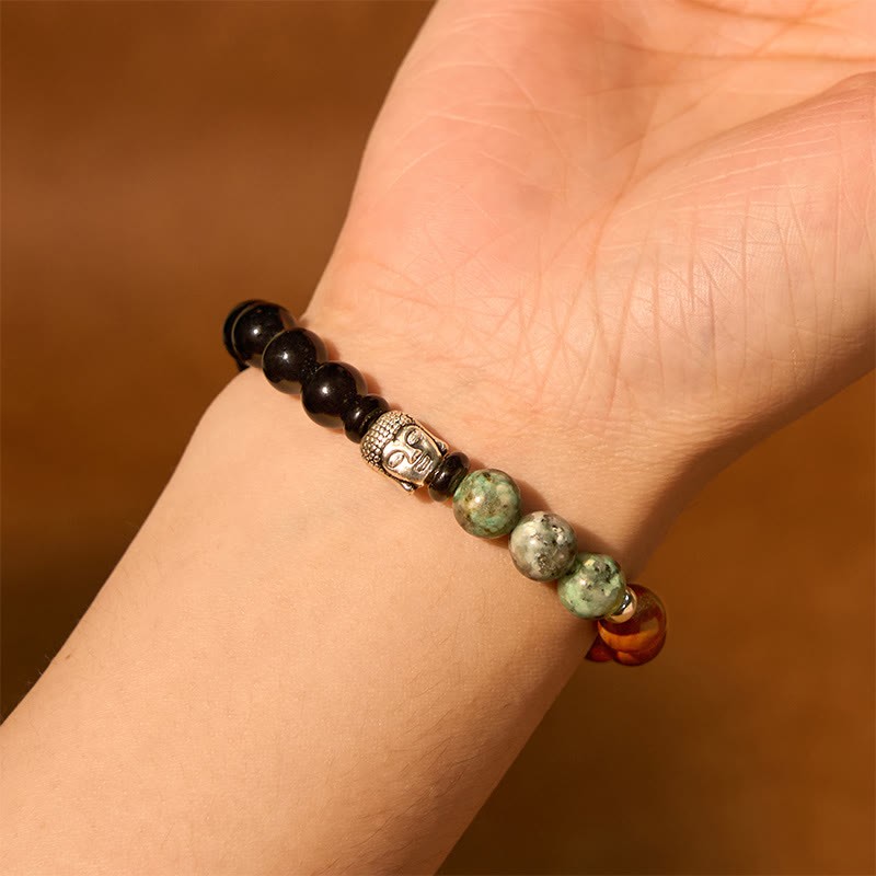 Natural Black Onyx White Stone Green Aventurine Tiger Eye Agate Mixed Color mystic zen Head Protection Bracelet