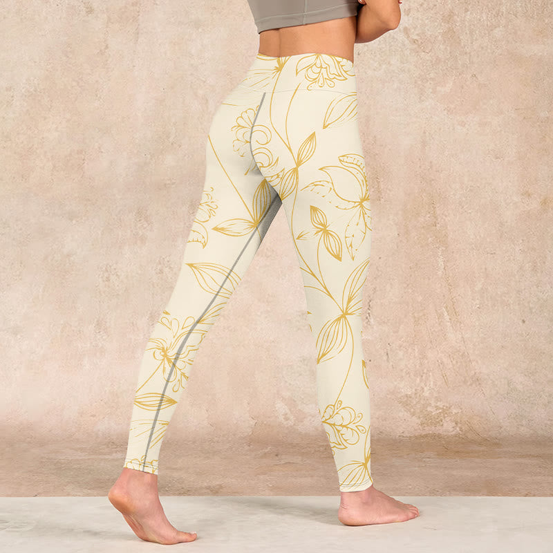 Beige Flower Vine Print Gym Leggings Women's Yoga Pants