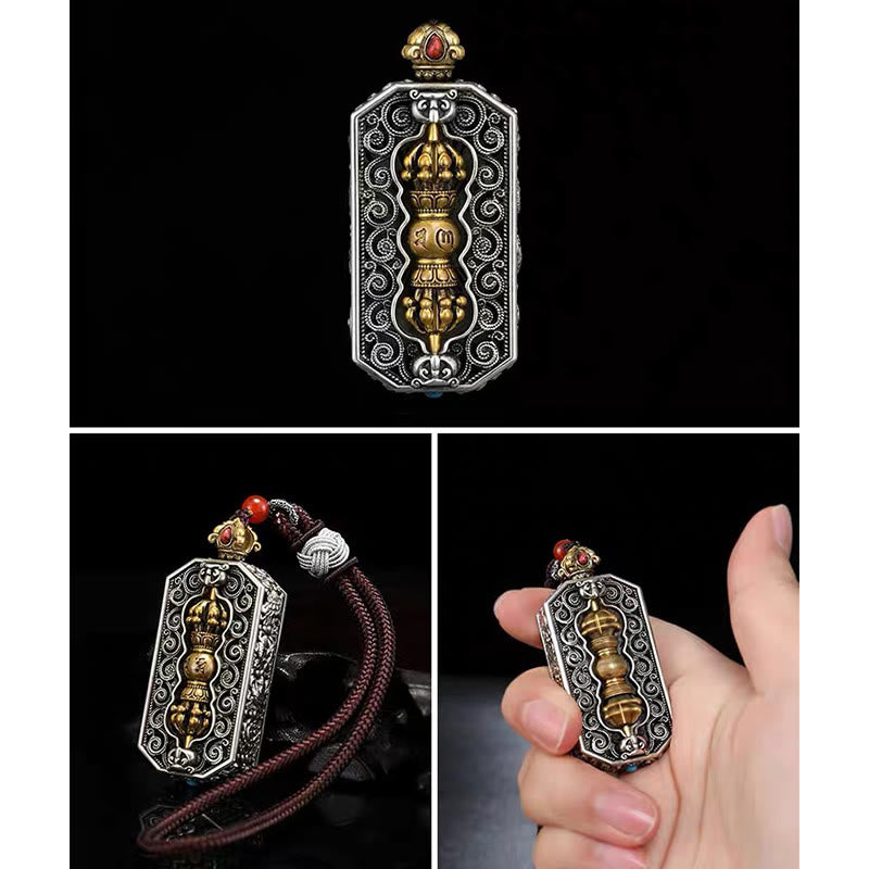 Tibetan Om Mani Padme Hum Carved Dorje Vajra Rotatable Lotus Pattern Purity Rope Necklace Pendant