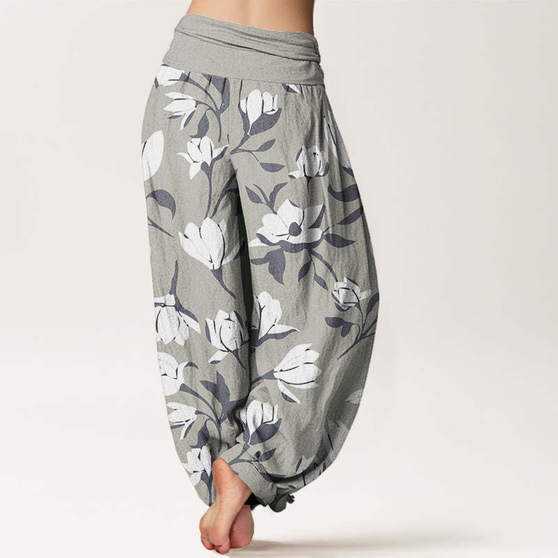 Retro Magnolia Flowers Women's Elastic Waist Harem Pants