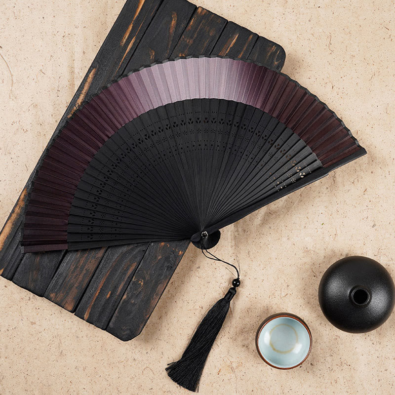 Solid Color Gradient Hollow Engraved Handheld Bamboo Folding Fan