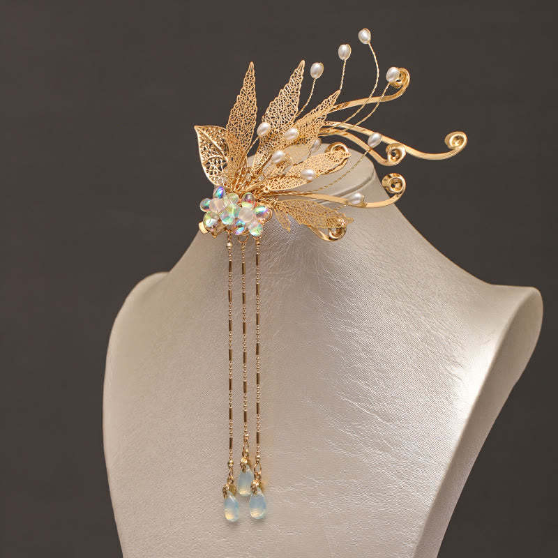 Traditional Chinese Golden Leaf Flower Tassel Hair Clip