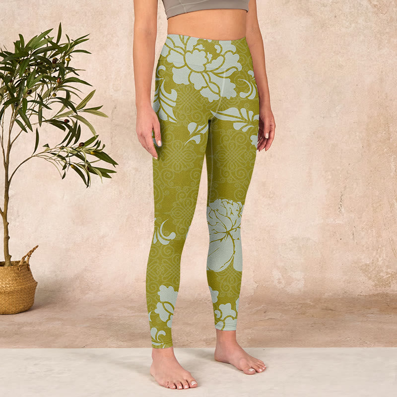 Monochrome Flowers Print Gym Leggings Women's Yoga Pants