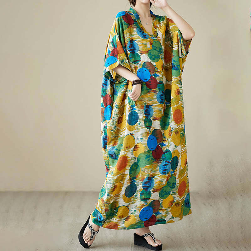 Orange Blue Colorful Polka Dots Midi Dress Cotton Half Sleeve Dress With Pockets