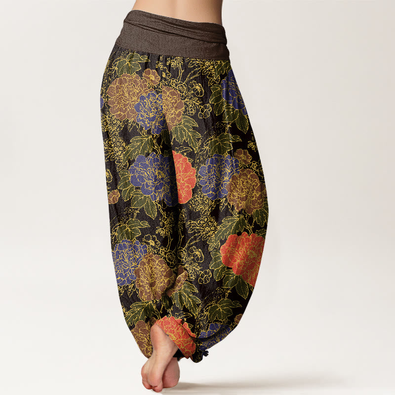 Peony Flowers Leaves Design Women's Elastic Waist Harem Pants