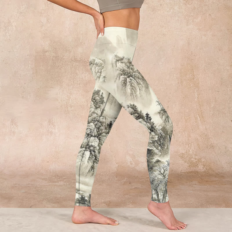 Mountain Tree River Scenery Print Sports Leggings Women's Yoga Pants