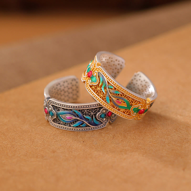 999 Sterling Silver Enamel Feather Design Adjustable Calm Ring