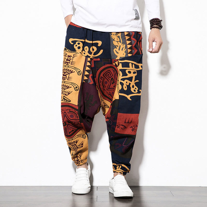 Red Brown Graffiti Bird Print Cotton Men's Harem Pants With Pockets