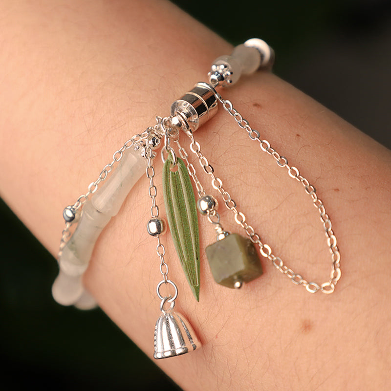925 Sterling Silver Natural White Jade Bamboo Leaf Lantern Charm Happiness Bracelet