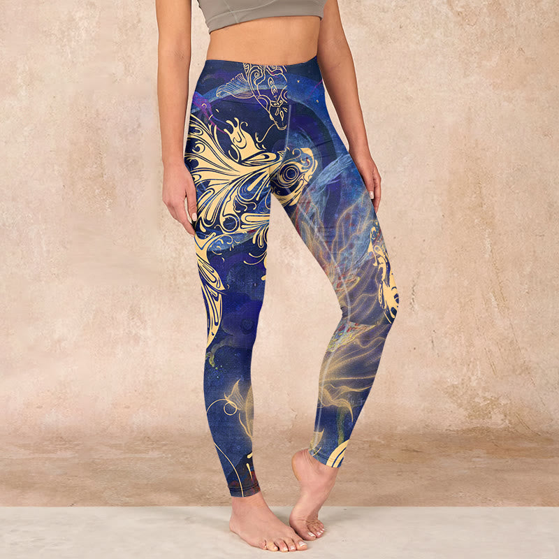 Blue Koi Fish Auspicious Clouds Print Gym Leggings Women's Yoga Pants