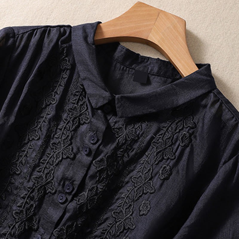 Summer Plain Button Embroidery Flower Pattern Three Quarter Sleeve Lapel Cotton Linen Women's Shirt
