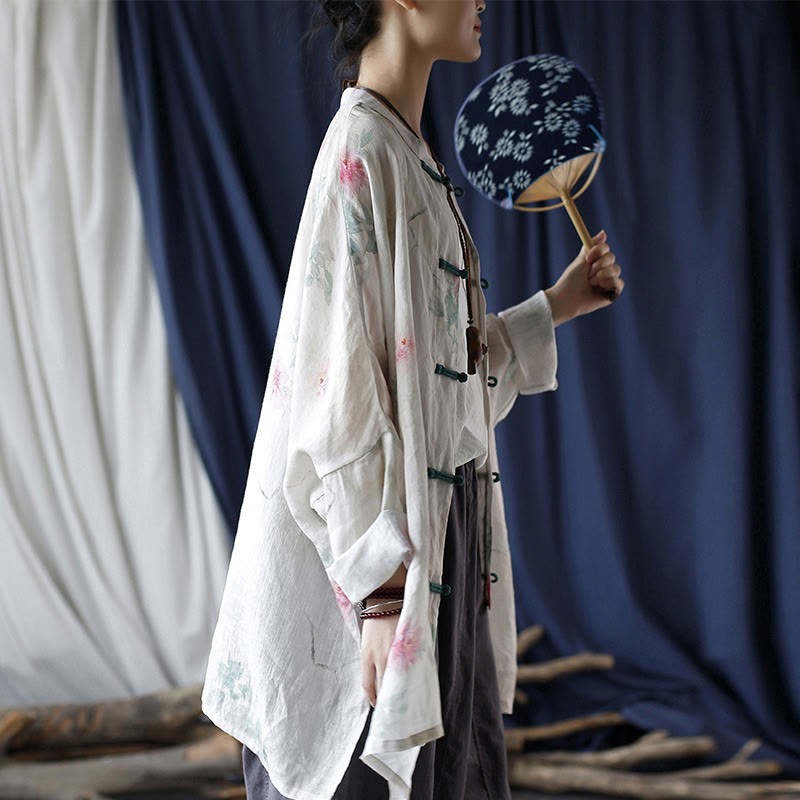 White Red Flowers Green Leaves Frog-Button Long Sleeve Ramie Linen Jacket Shirt