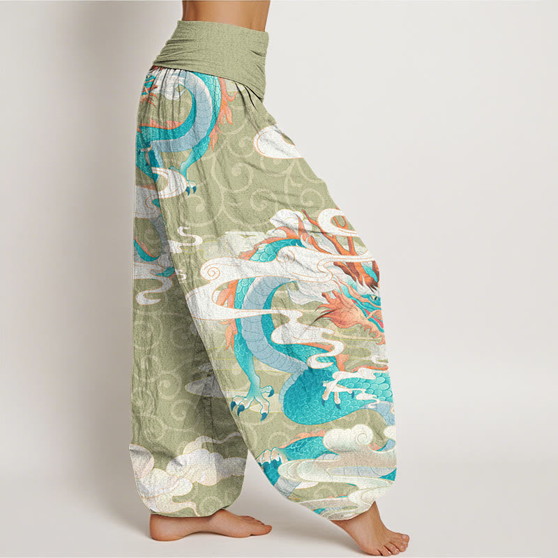 Vibrant Dragon White Auspicious Clouds Women's Elastic Waist Harem Pants