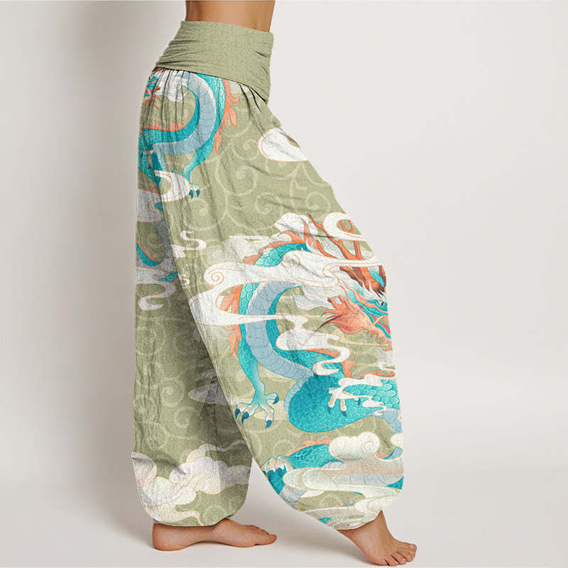 Vibrant Dragon White Auspicious Clouds Women's Elastic Waist Harem Pants