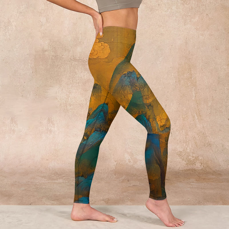 Dark Goldenrod Mountain Print Fitness Leggings Women's Yoga Pants
