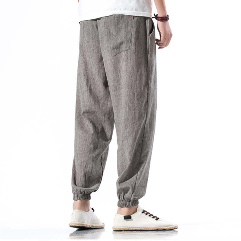 Casual Solid Color Drawstring Linen Men's Pants With Pockets