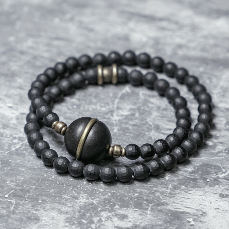 Frosted Cut Surface Black Onyx Ebony Beads Double Wrap Protection Bracelet