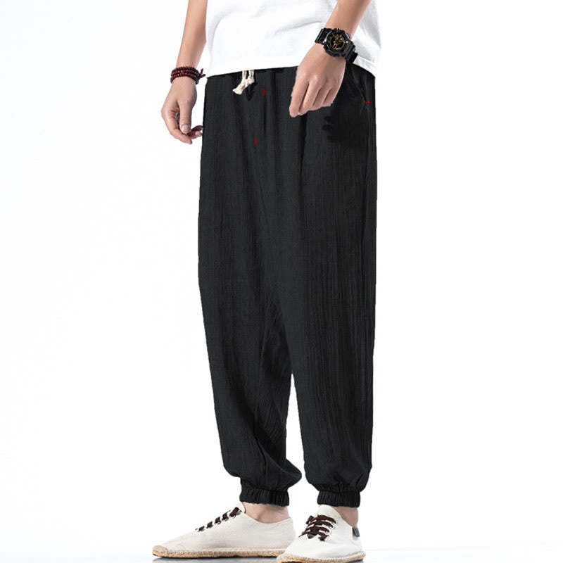 Casual Solid Color Drawstring Linen Men's Pants With Pockets