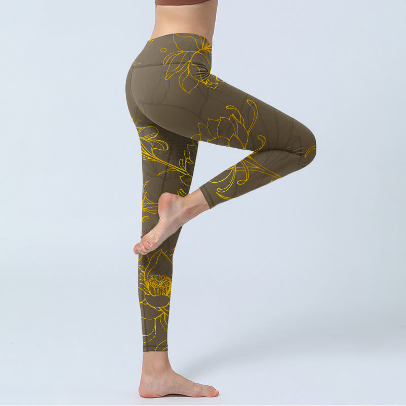 Yellowish Brown Lotus Flower Lotus Leaf Print Gym Leggings Women's Yoga Pants