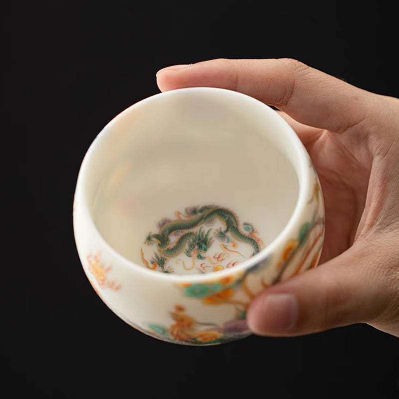 Dragon Phoenix Auspicious Clouds Ceramic Teacup Kung Fu Tea Cup