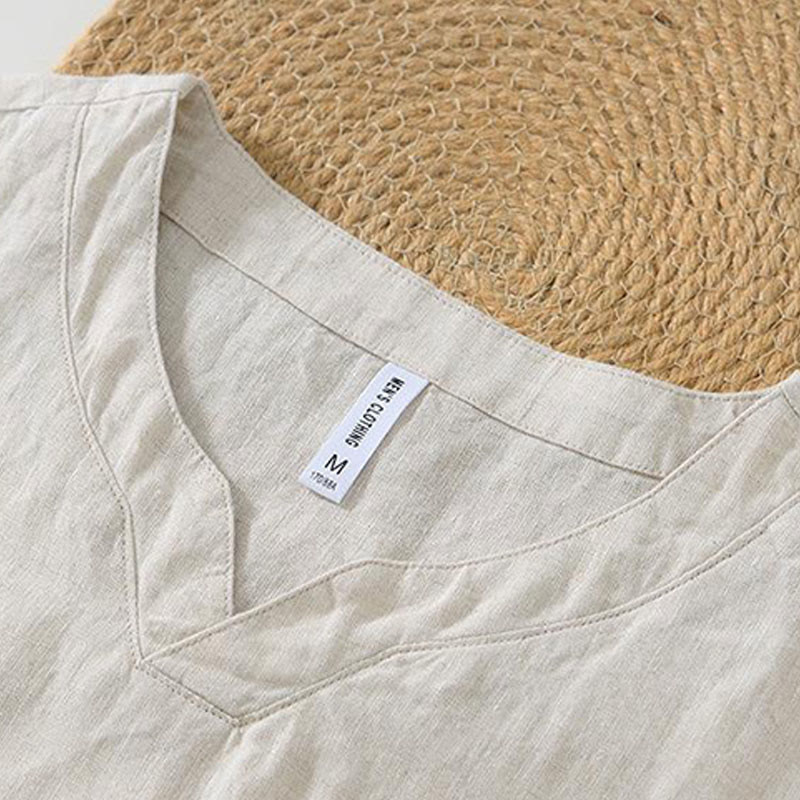 Casual Plain V-neck Short Sleeve Linen Men's Shirt
