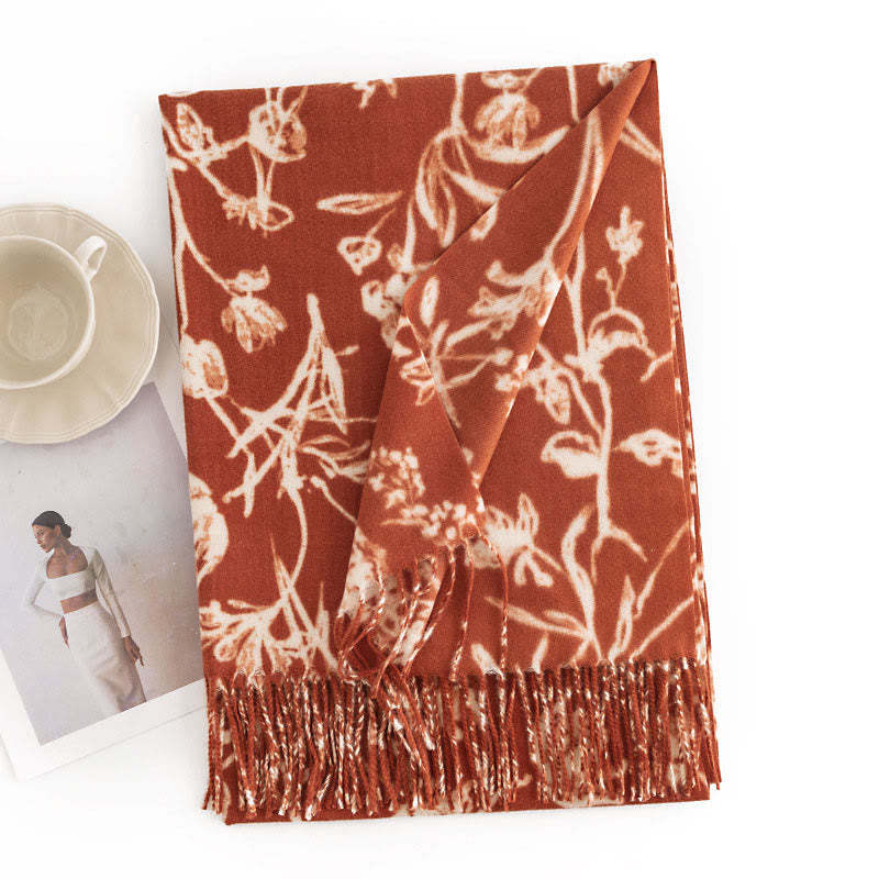 Tibetan Shawl Blooming Flower Branches Print Tassels Fall Winter Cozy Warm Scarf Wrap