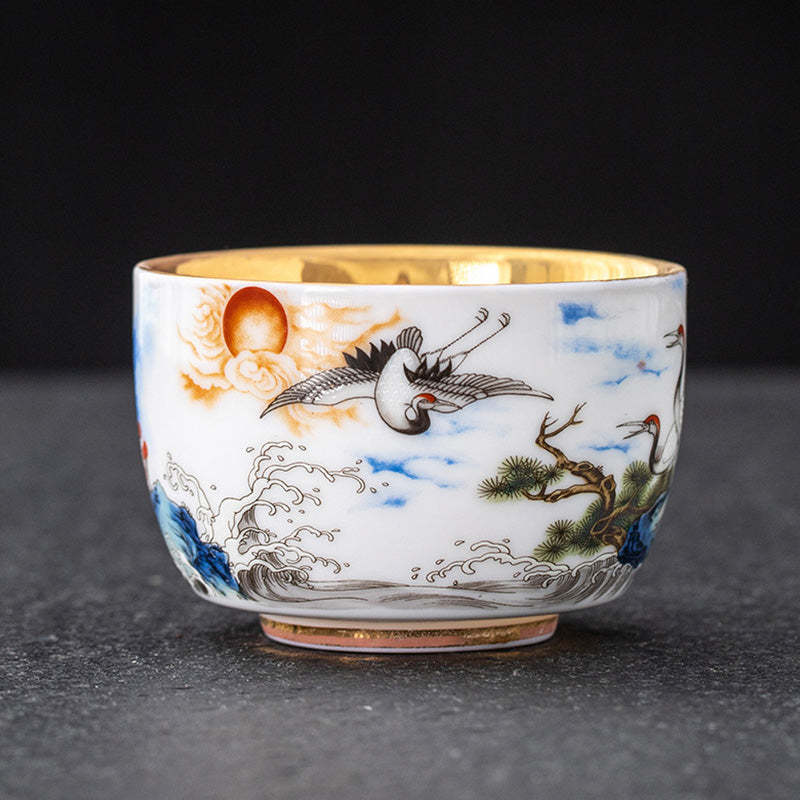 Dragon Phoenix Crane Sun Ocean Waves Gilt Ceramic Teacup Kung Fu Tea Cup 170ml