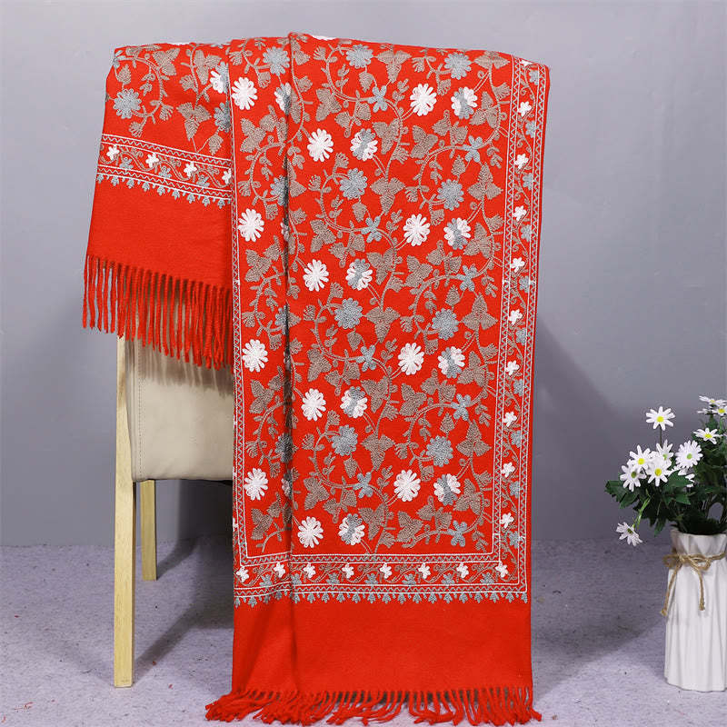Polyester Shawl Cashew Flowers Embroidery Tassel Winter Cozy Travel Scarf Wrap