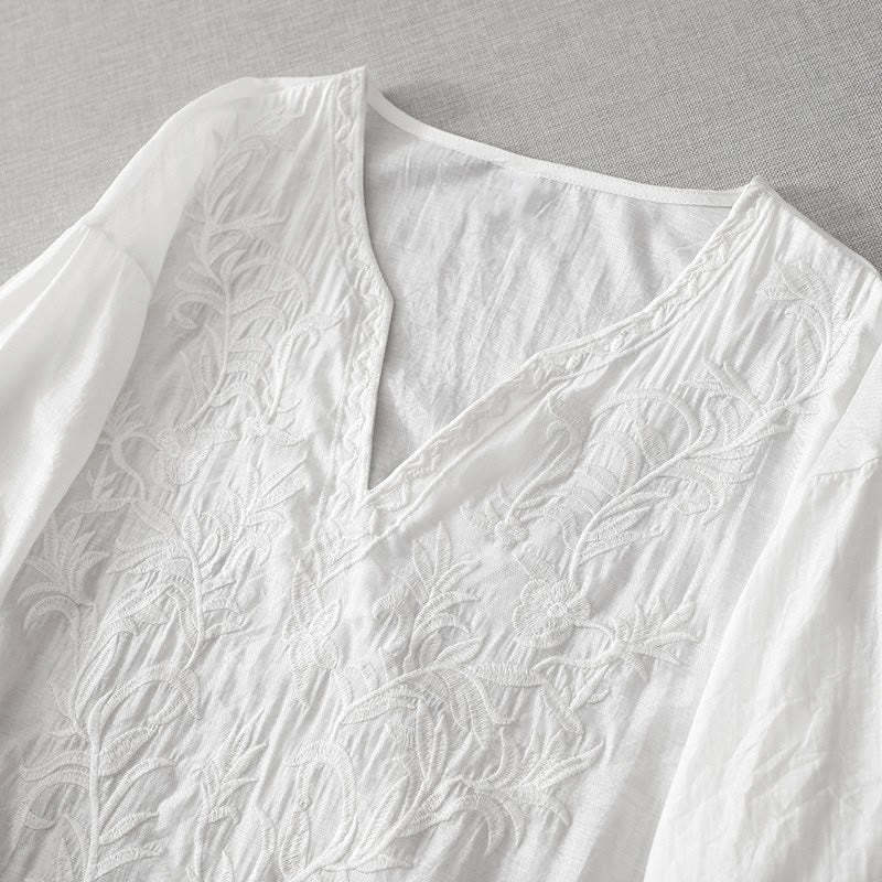Summer White Pure Color Embroidery Leaf Flower V-Neck Short Sleeve Cotton Linen Midi Dress With Pockets