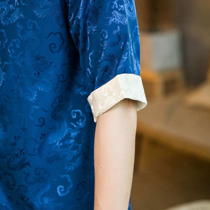 Chinese Tang Suit Frog-button Dragon Print Men's Half Sleeve Shirts