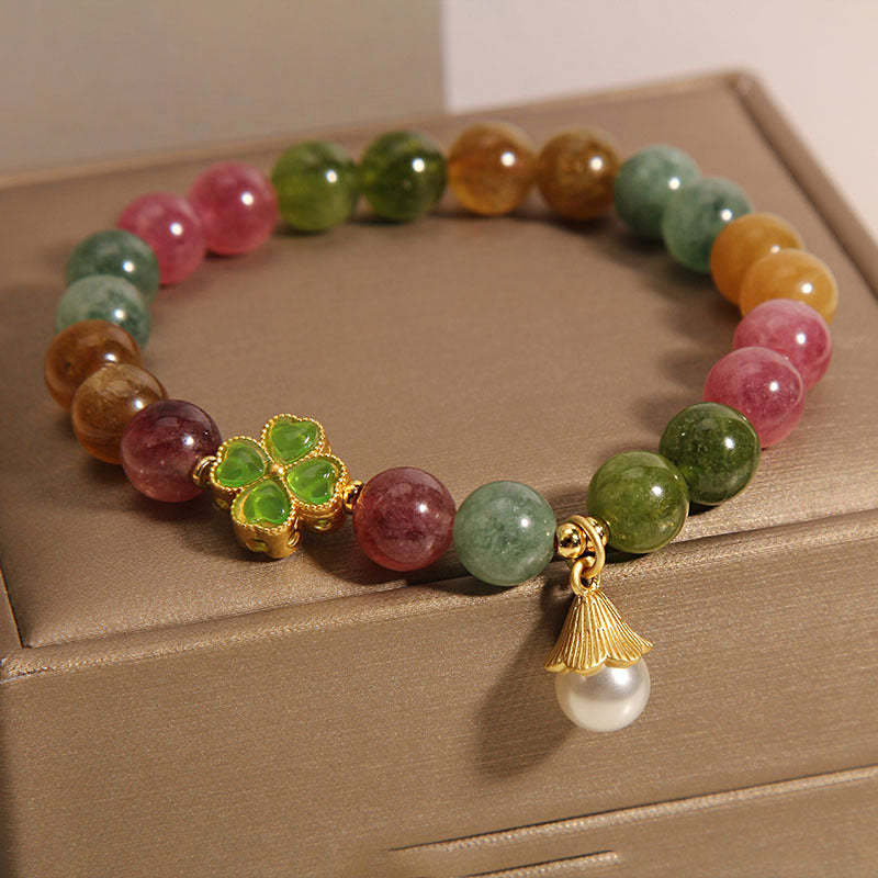 Colorful Tourmaline Four Leaf Clover Flower Wisdom Bracelet
