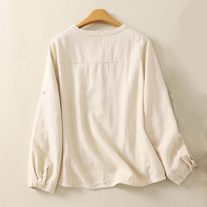Casual Women's Loose Standing Collar Long Sleeve Design Plain Cotton Linen Shirt
