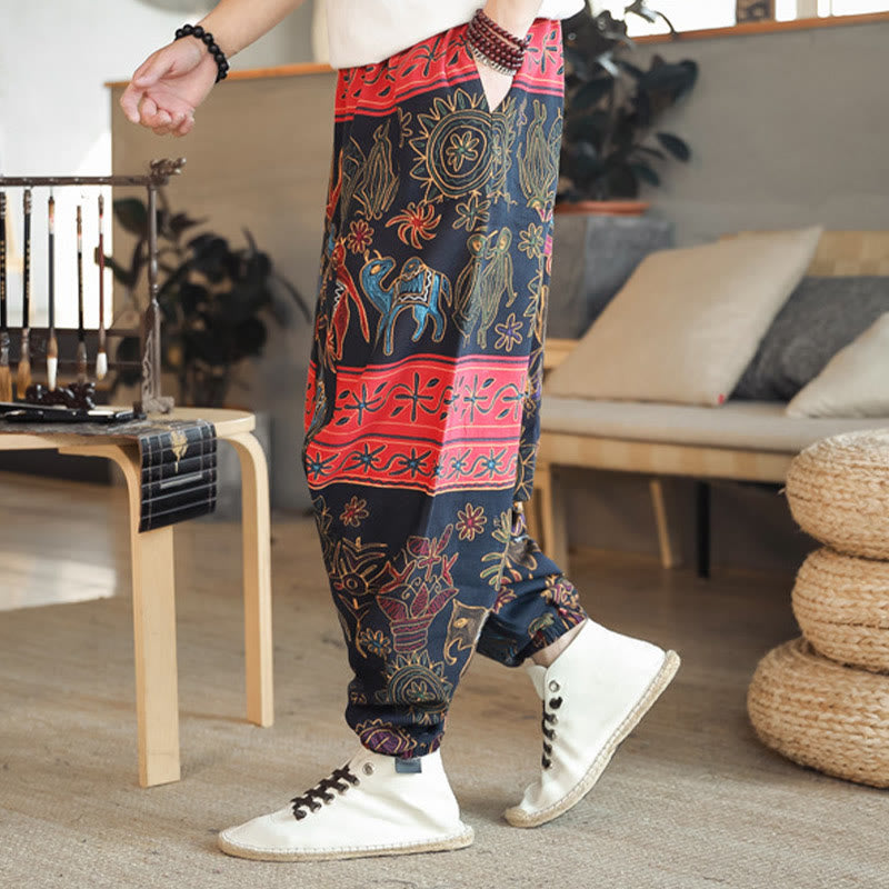 Colorful Camel Figure Pattern Cotton Men's Harem Pants With Pockets