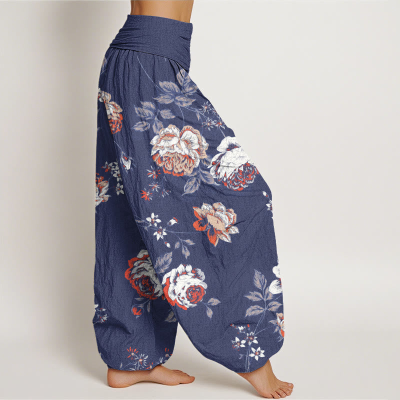 Casual Rose Leaf Pattern Women's Elastic Waist Harem Pants