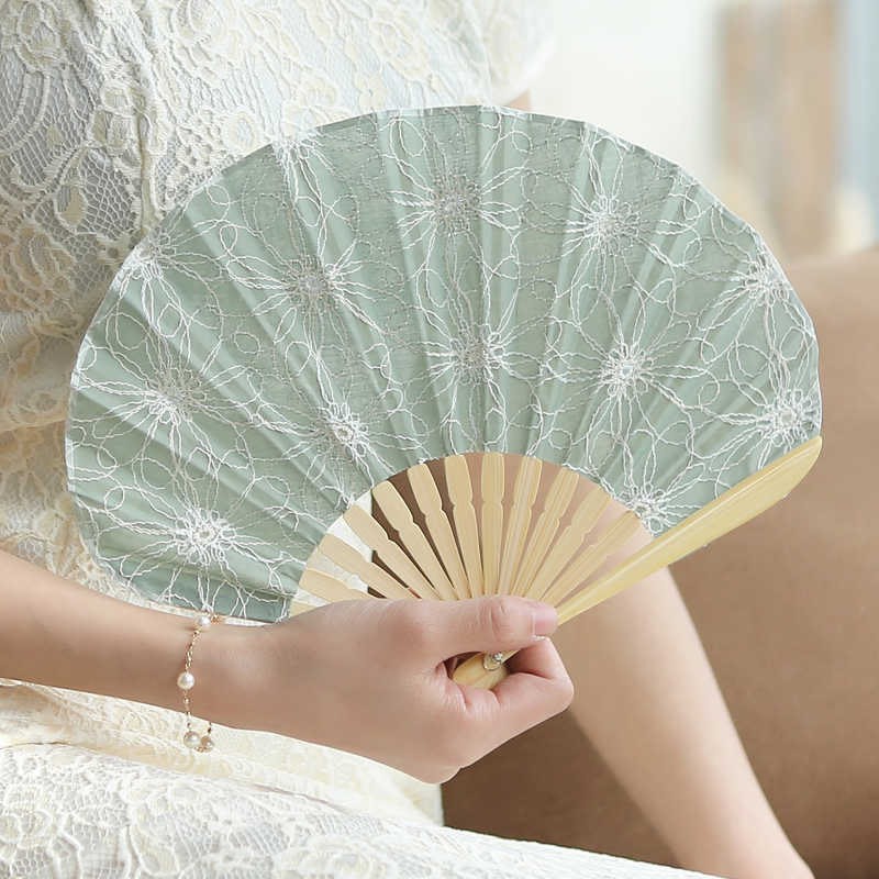 Retro Large Flower Embroidery Shell Shape Tassels Handheld Bamboo Folding Fan