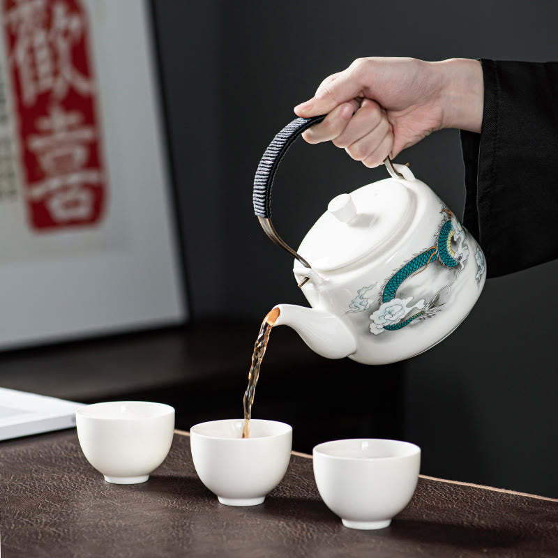 Vintage Dragon Mountain Fisherman Landscape White Porcelain Ceramic Kung Fu Teapot