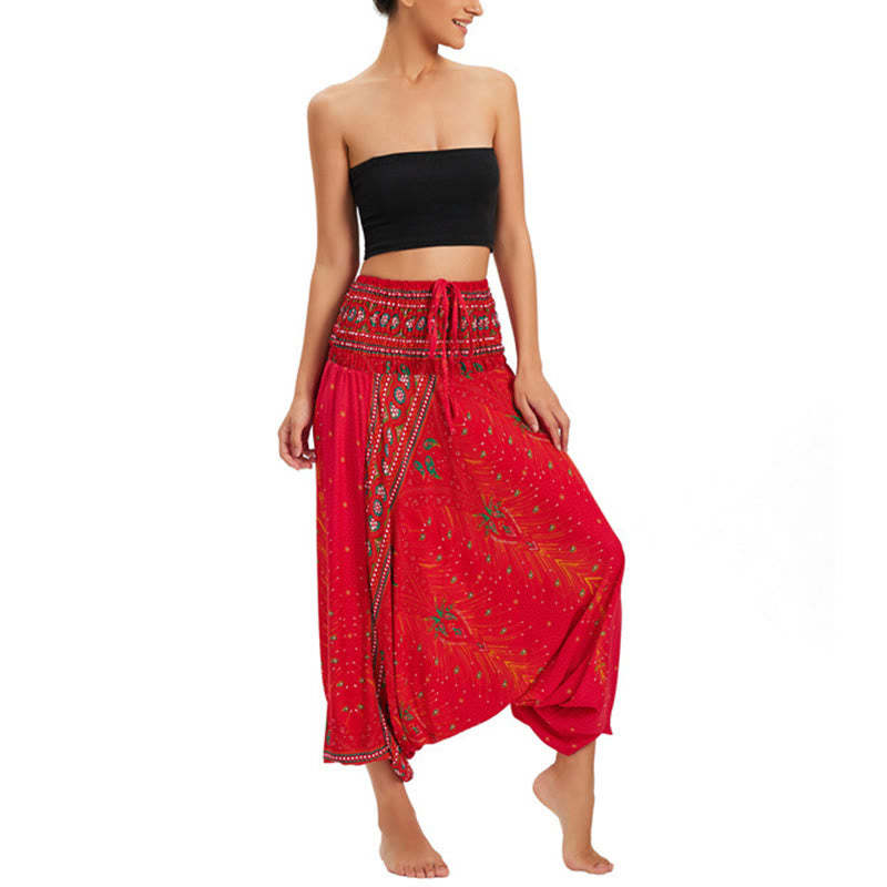 Two Style Wear Peacock Feather Loose Smocked Harem Trousers Jumpsuit High Waist Pants