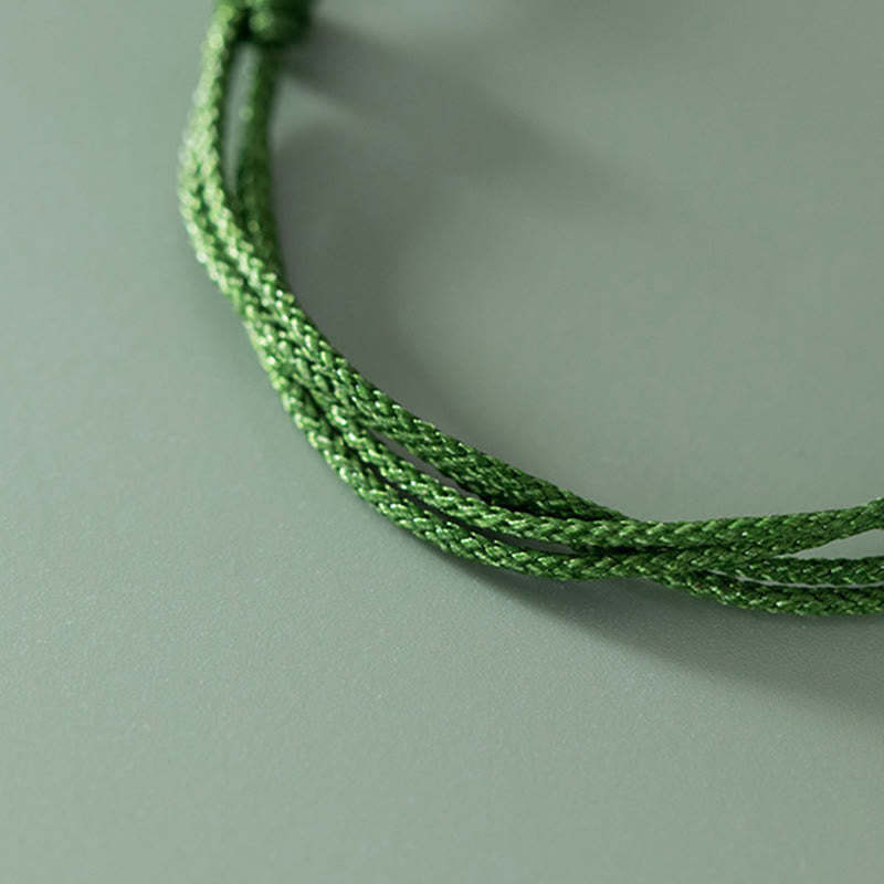 Handmade 999 Sterling Silver Fu Character Wish Ruyi Handle Luck Braided Green Rope Bracelet