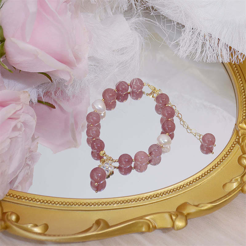 Natural Strawberry Quartz Pearl Four Leaf Clover Love Bracelet