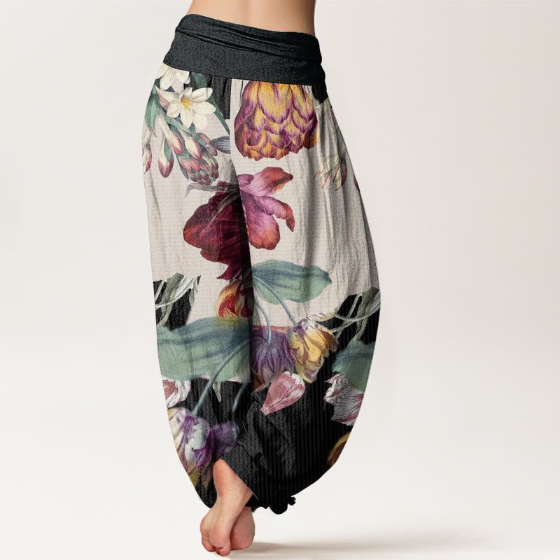 Tulips Green Leaves Design Women's Elastic Waist Harem Pants